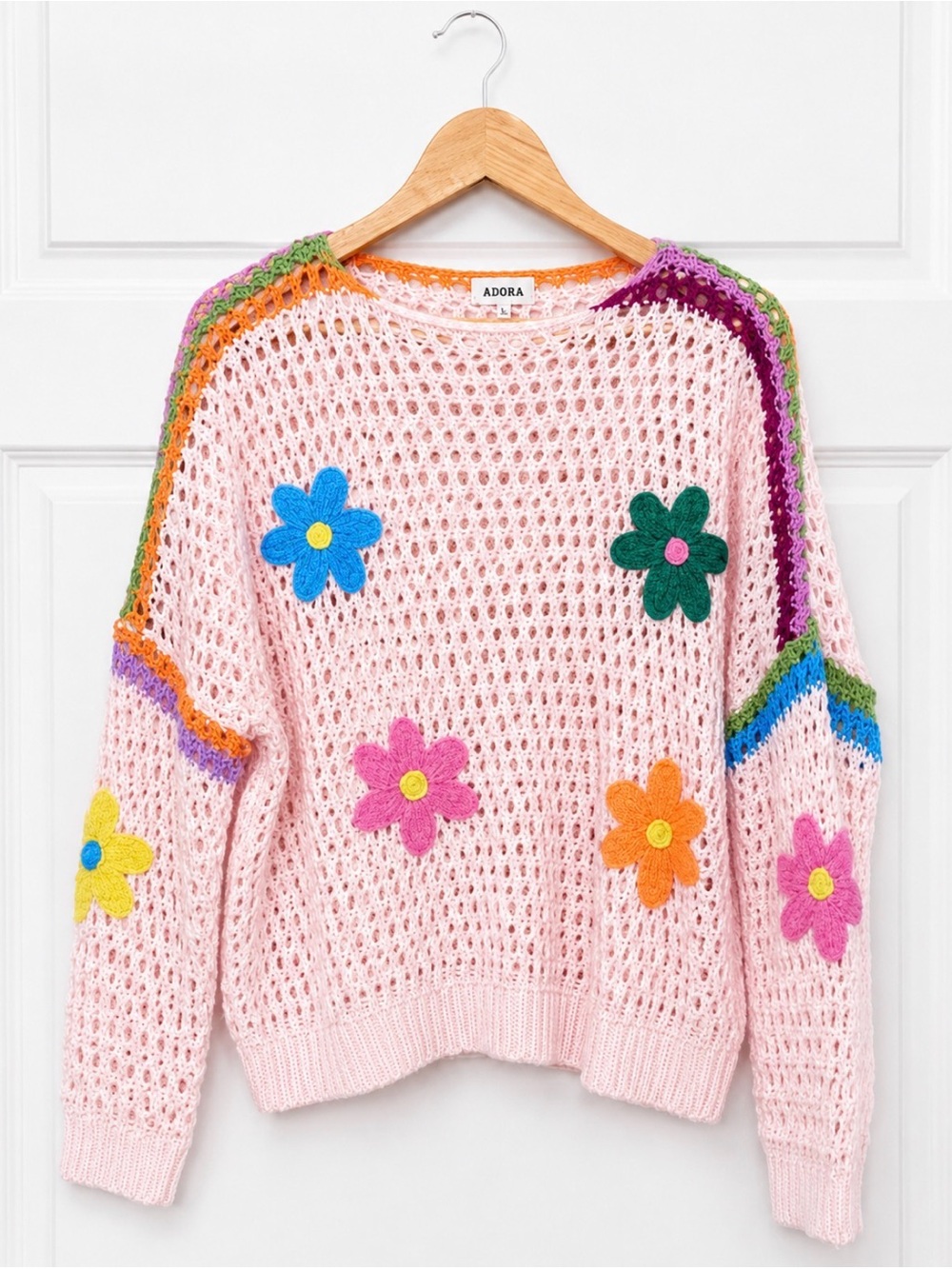 ADORA Floral Open Knit Sweater | Women’s L | Light Pink | Boho Cottagecore NWOT
